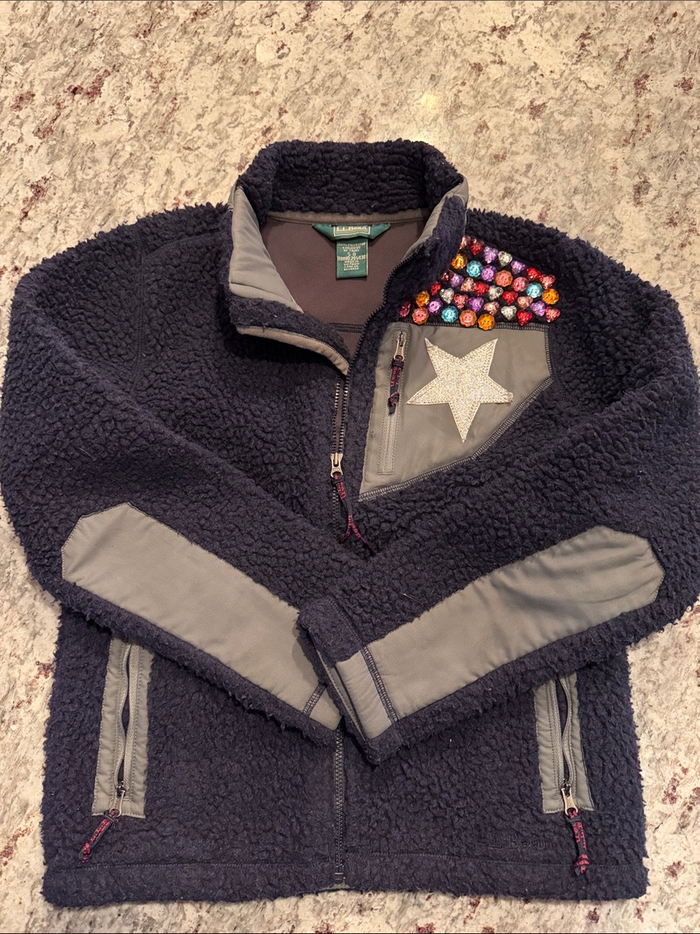 L.L. Bean Navy Sherpa Jacket with Gray Panels and Multicolor Gems